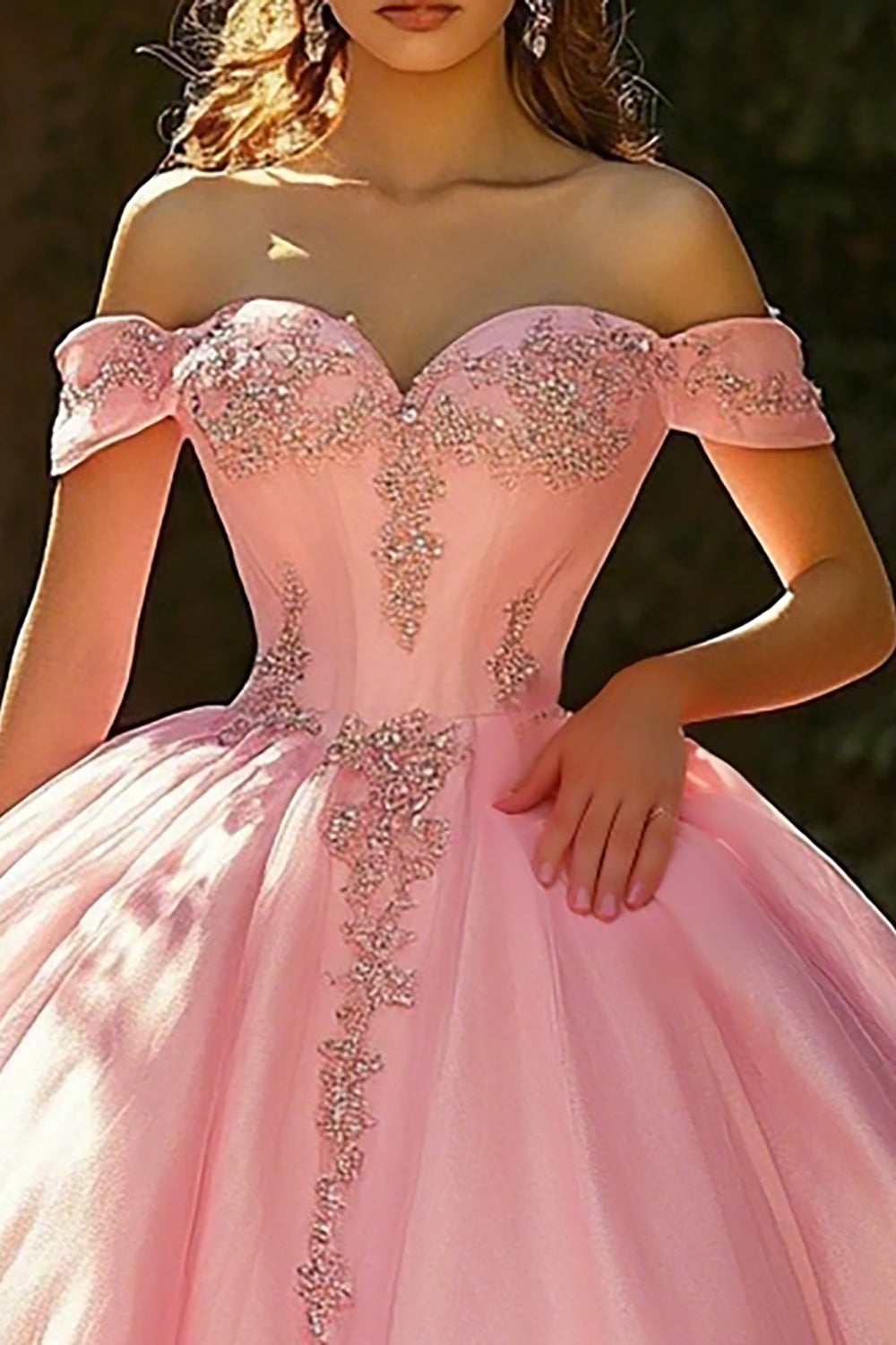 Pink Tulle Ball Gown Off the Shoulder Long Quinceanera Dress with Appliques