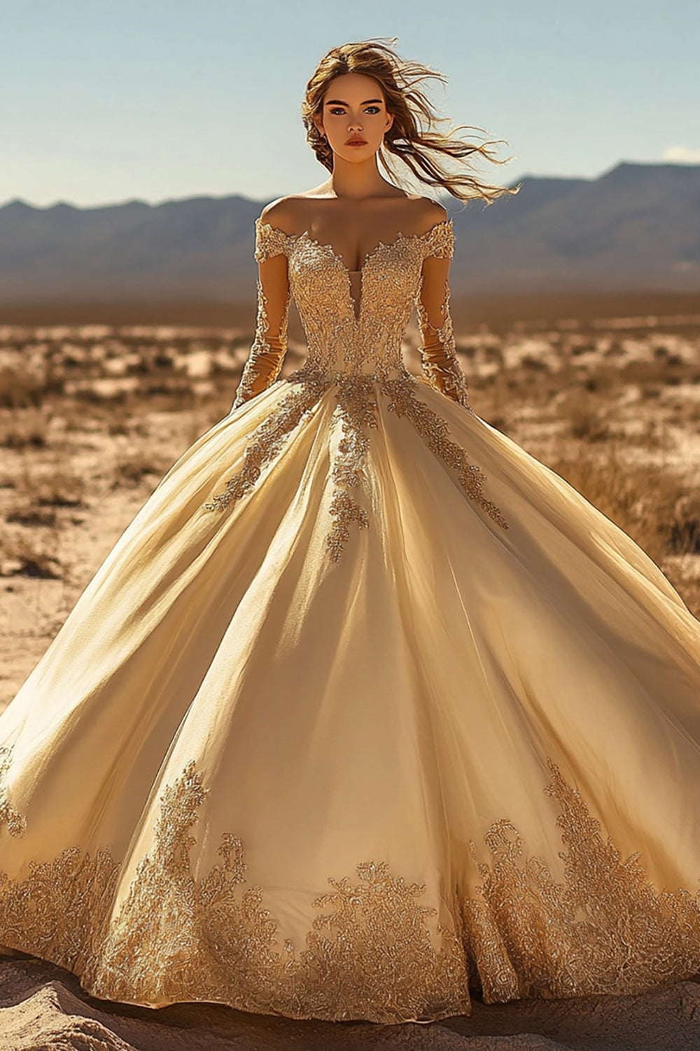 Gold Ball Gown Off the Shoulder Long Sleeves Quinceanera Dress with Sleeves