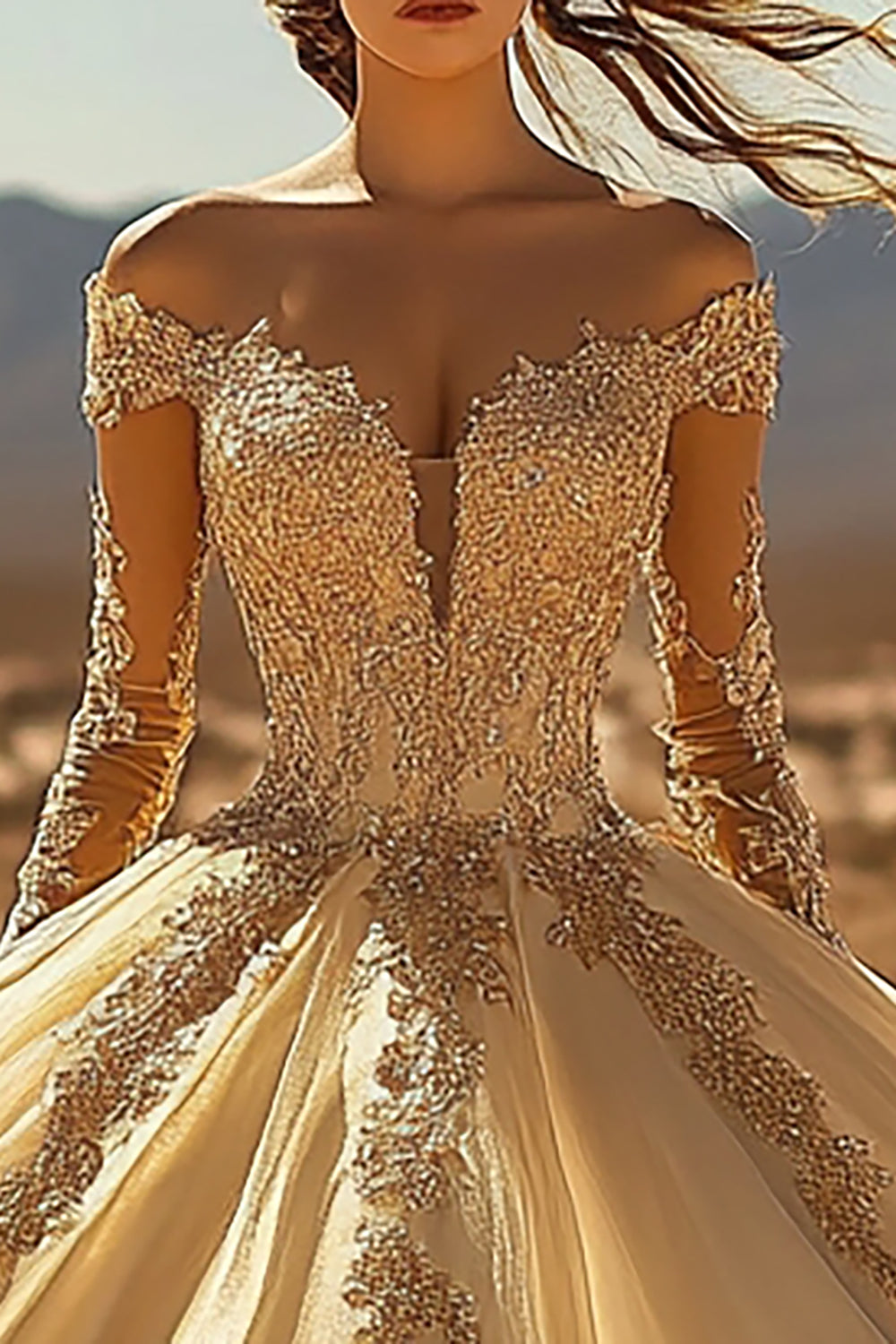 Gold Ball Gown Off the Shoulder Long Sleeves Quinceanera Dress with Sleeves