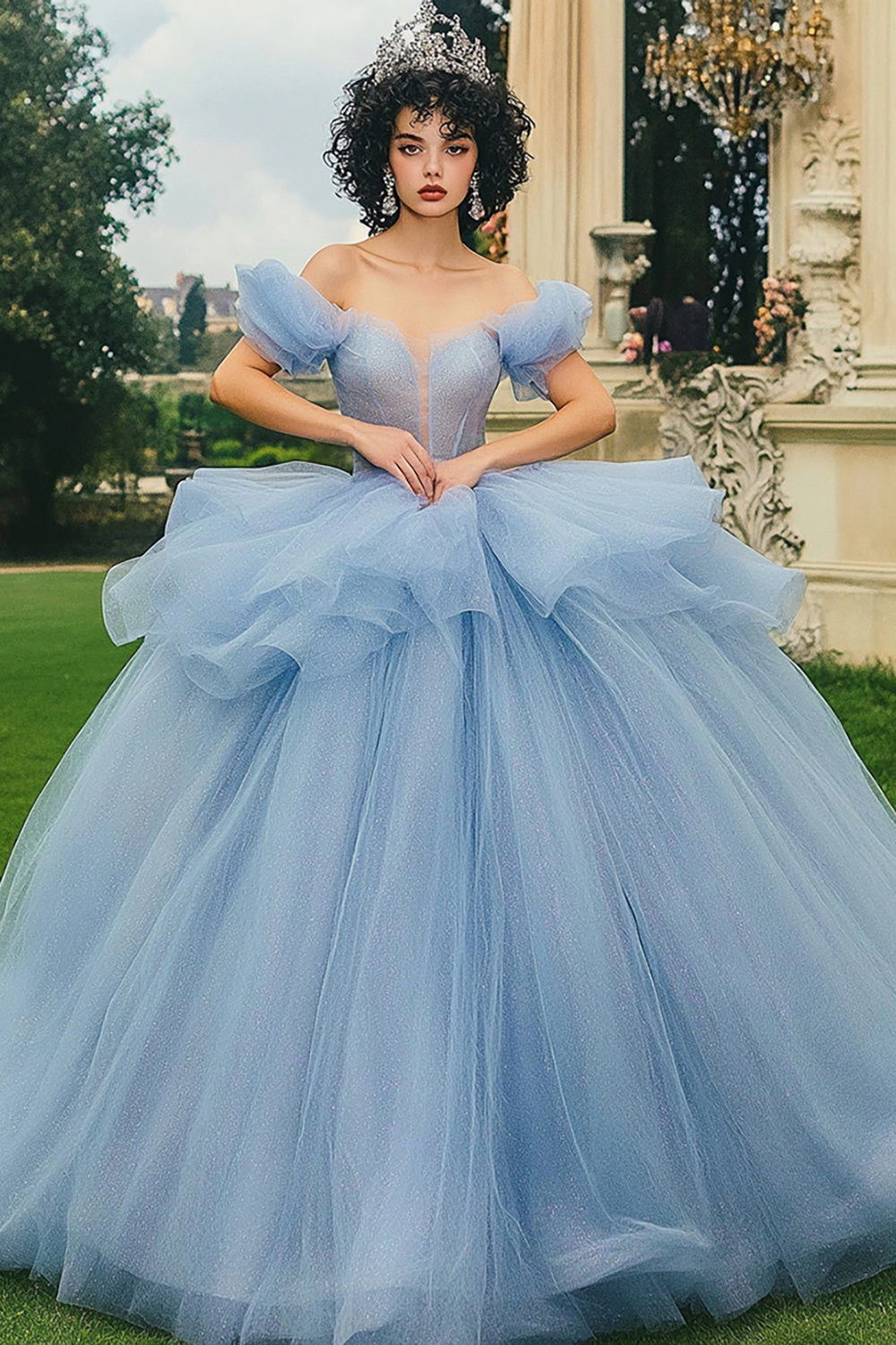 Sparkly Dusty Blue Ball Gown Off the Shoulder Long Quinceanera Dress with Ruffles