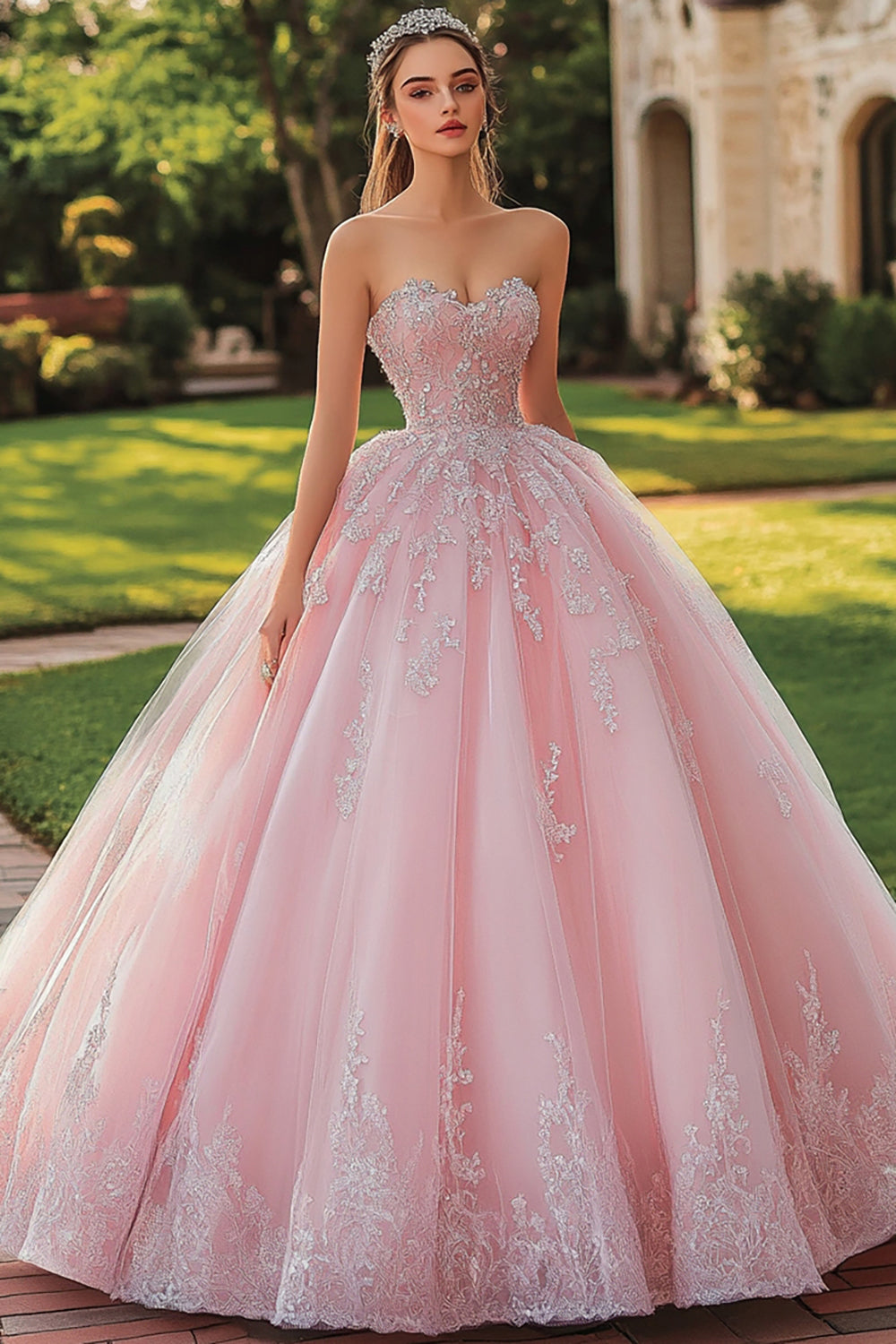 Pink Princess Tulle Ball Gown Sweetheart Long Quinceanera Dress with Appliques