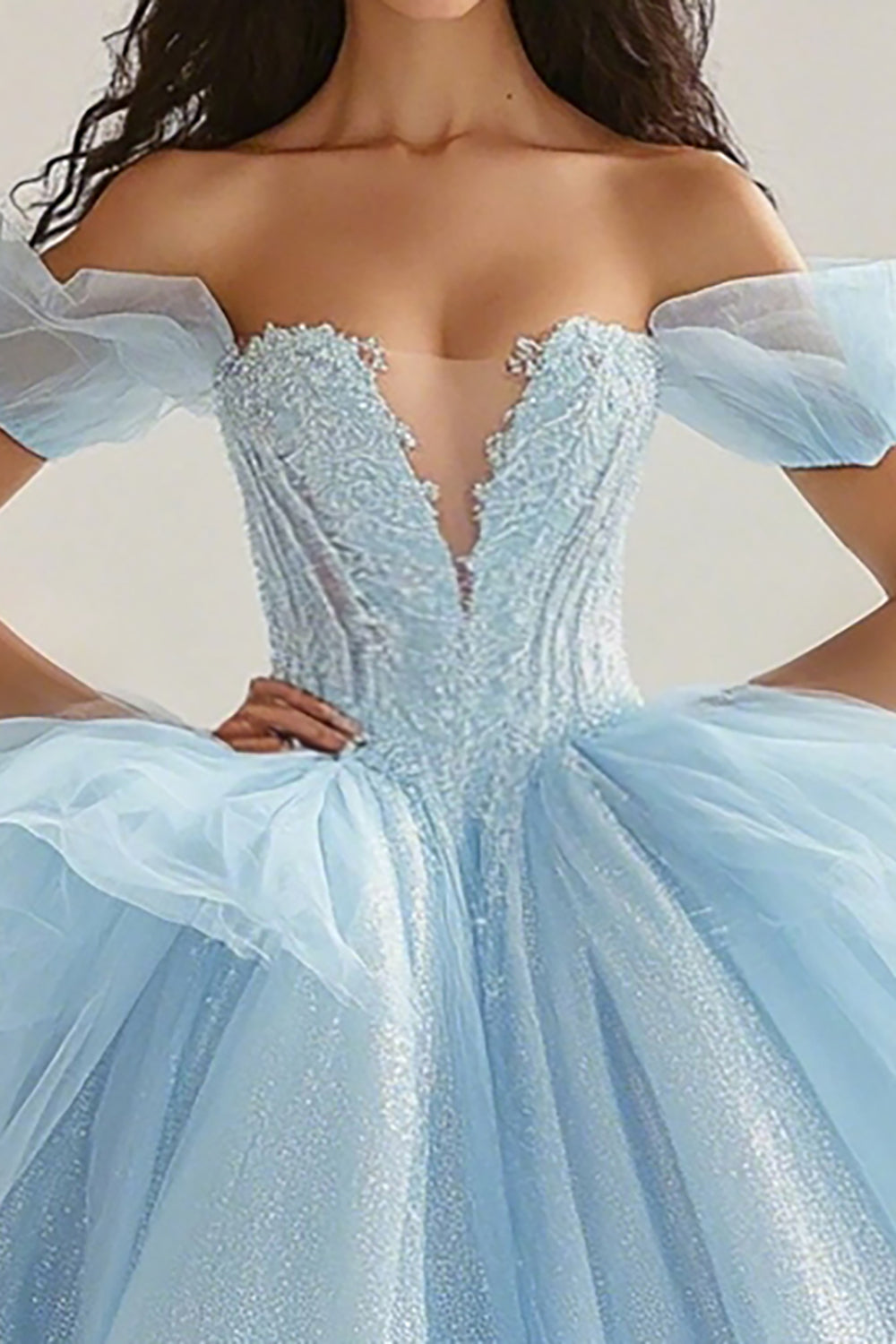 Sparkly Sky Blue Princess Tulle Ball Gown Long Ruffled Quinceanera Dress