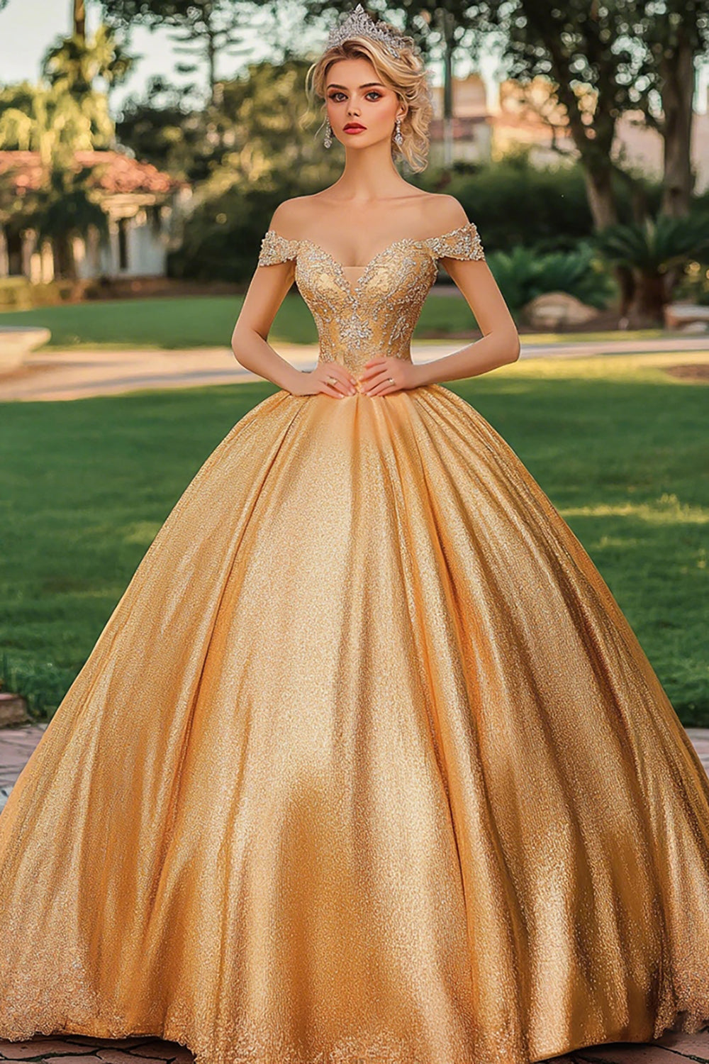 Sparkly Gold Princess Ball Gown Off the Shoulder Long Quinceanera Dress with Appliques