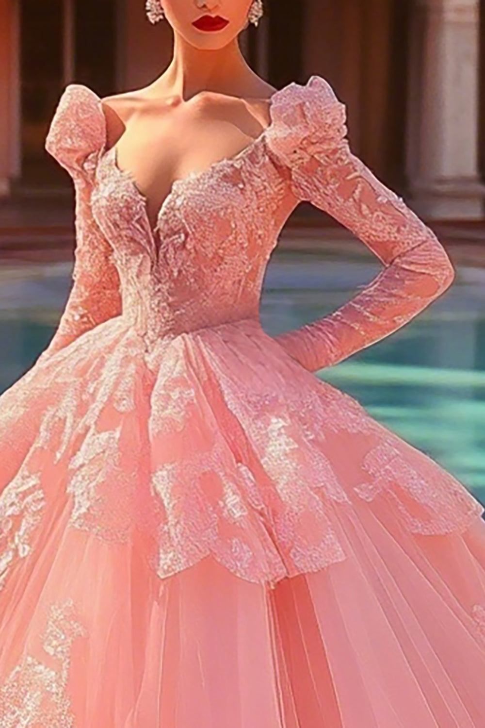 Pink Ball Gown Corset Princess Tulle Long Sleeve Quinceanera Dress with Ruffles