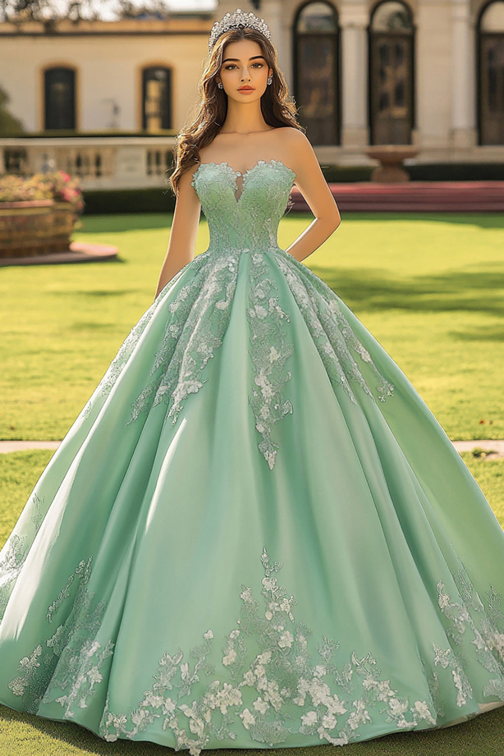 Sage Green Strapless Ball Gown Princess Long Quinceanera Dress with Appliques
