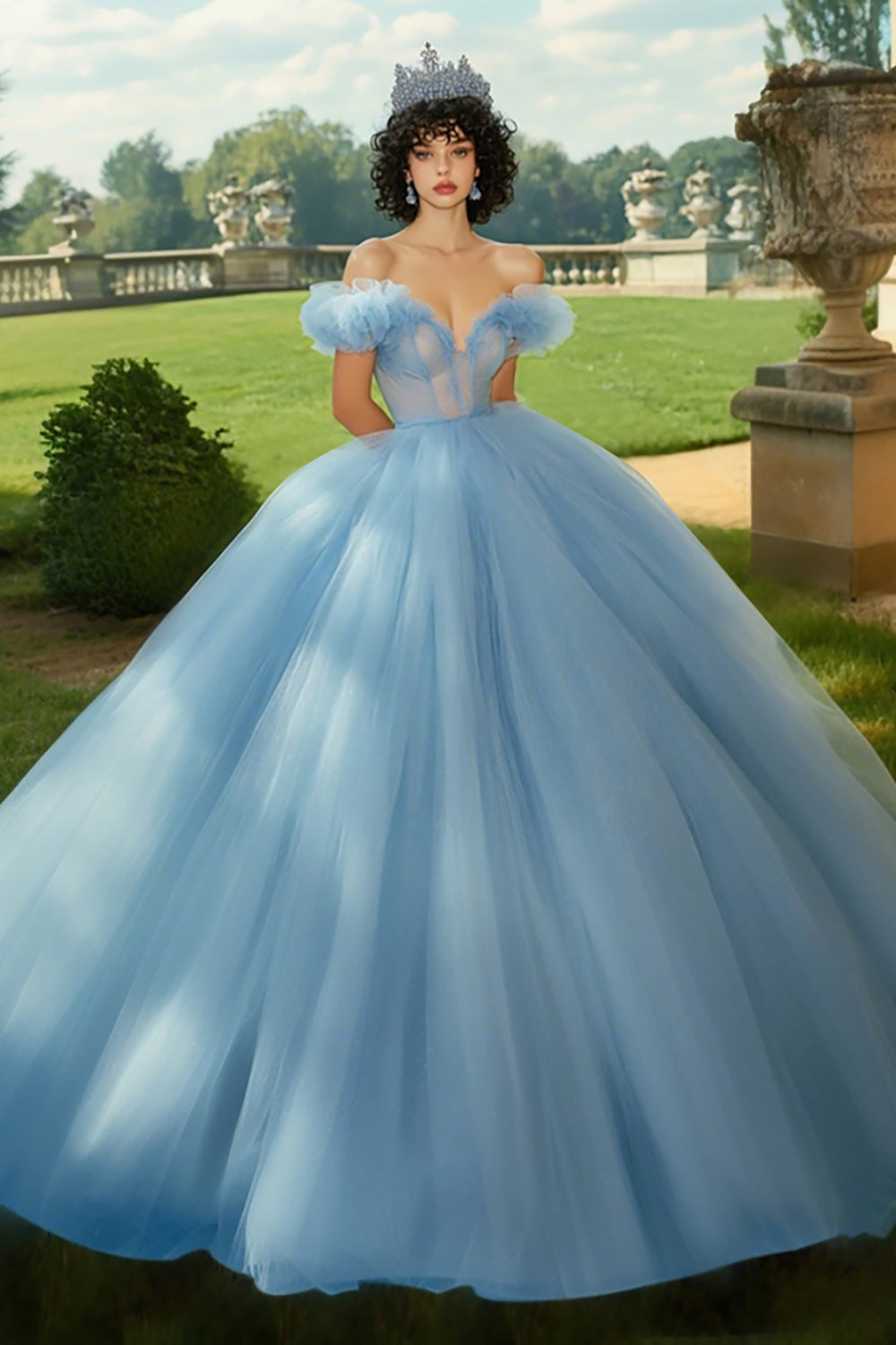 Sky Blue Ball Gown Princess Long Tulle Quinceanera Dress with Ruffles