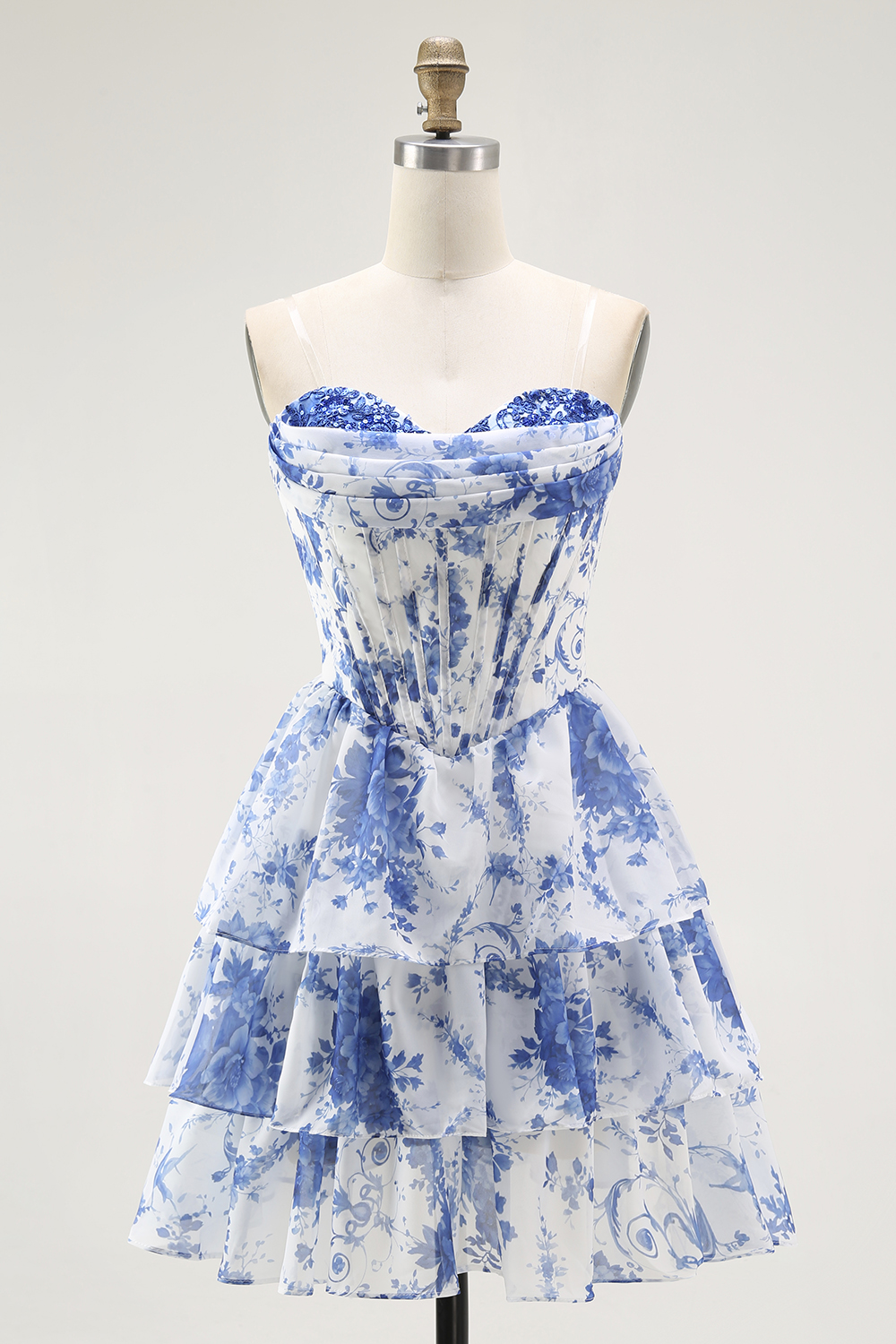 Floral Blue A-Line Sweetheart Short Corset Homecoming Dress with Ruffles