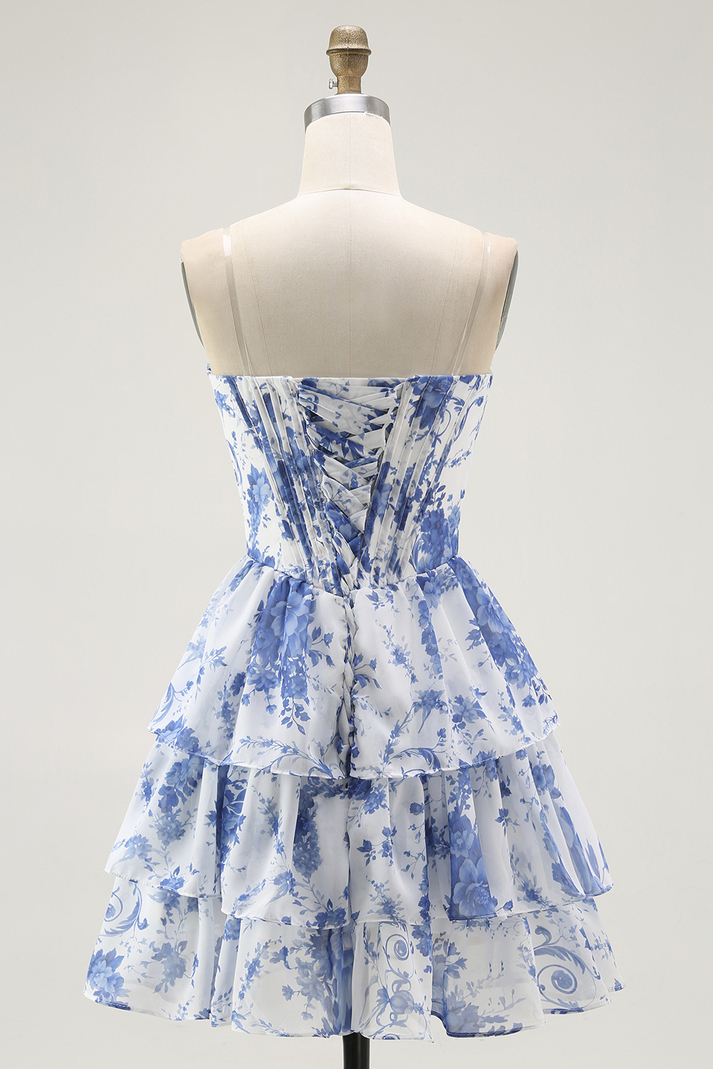 Floral Blue A-Line Sweetheart Short Corset Homecoming Dress with Ruffles