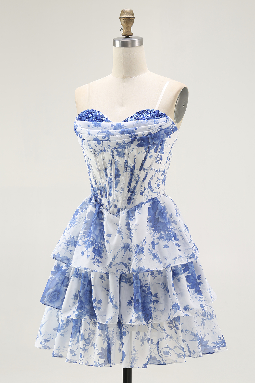 Floral Blue A-Line Sweetheart Short Corset Homecoming Dress with Ruffles