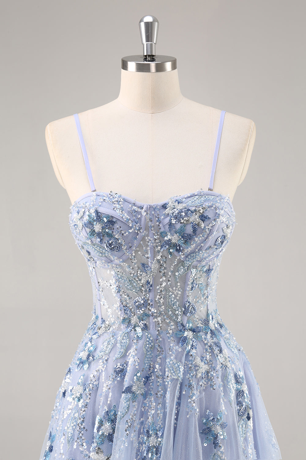 Sparkly Navy Corset Appliqued Spaghetti Straps Long Prom Dress with Slit