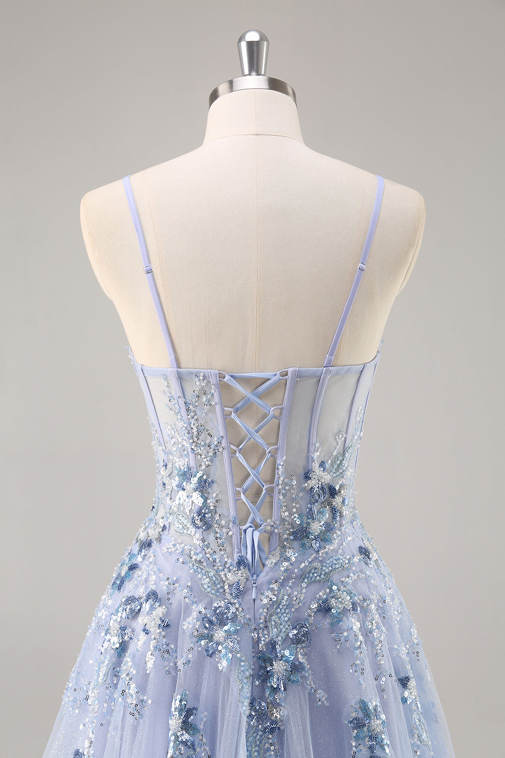 Sparkly Navy Corset Appliqued Spaghetti Straps Long Prom Dress with Slit