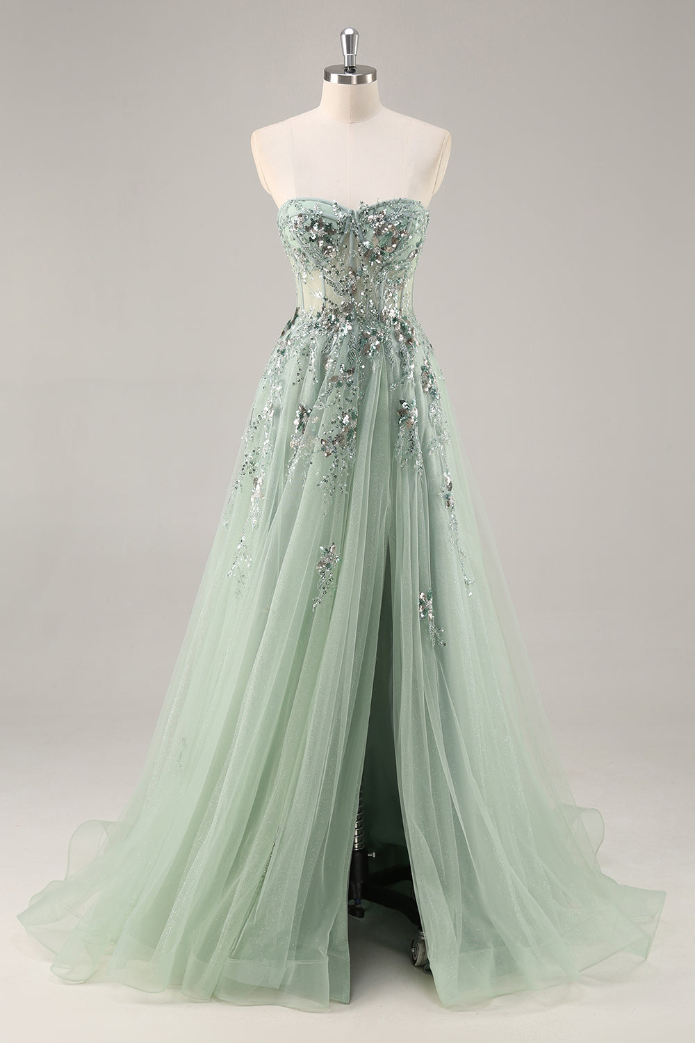 Floral Green A Line Corset Sweetheart Long Prom Dress with Slit