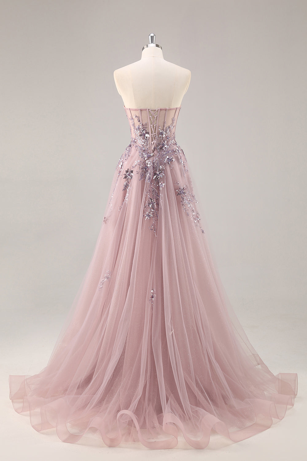 Floral Grey Pink Corset A Line Appliqued Long Prom Dress with Slit