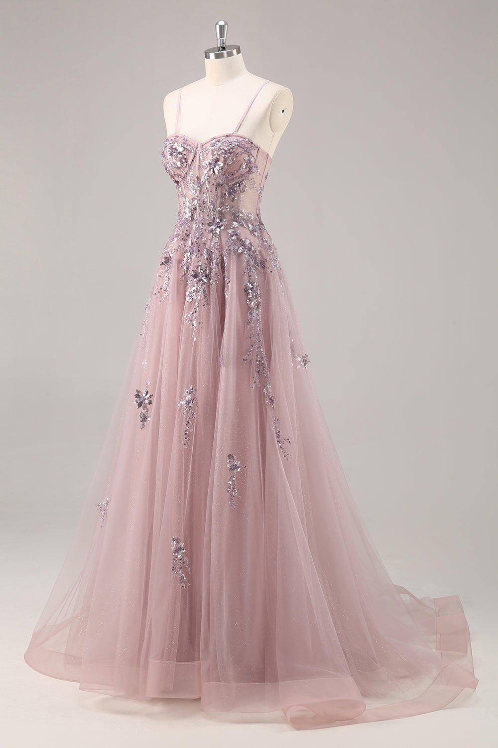 Floral Grey Pink Corset A Line Appliqued Long Prom Dress with Slit
