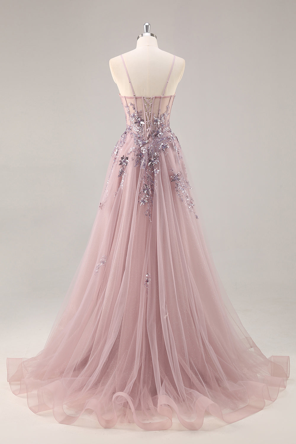 Floral Grey Pink Corset A Line Appliqued Long Prom Dress with Slit