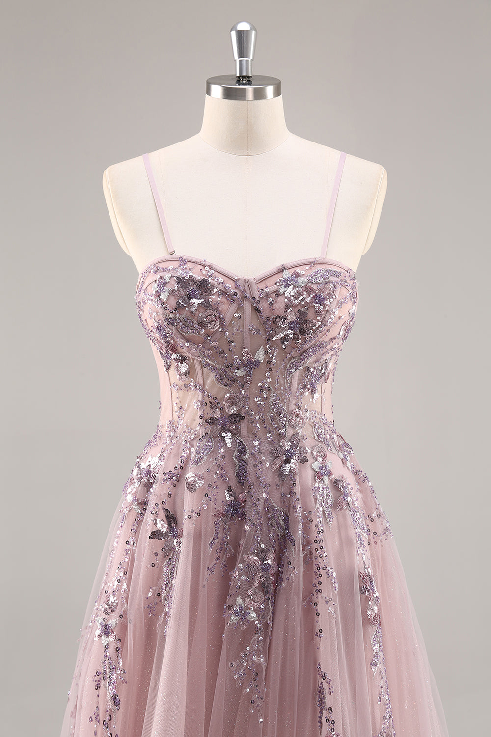 Floral Grey Pink Corset A Line Appliqued Long Prom Dress with Slit