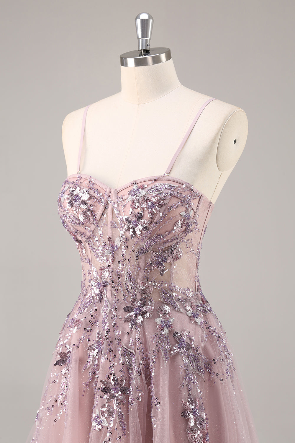 Floral Grey Pink Corset A Line Appliqued Long Prom Dress with Slit