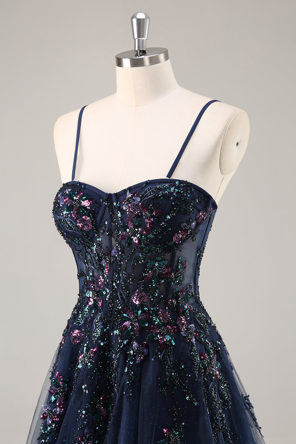 Floral Grey Pink Corset A Line Appliqued Long Prom Dress with Slit