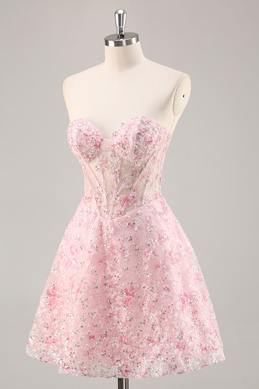 Sparkly Pink Corset Sweetheart Floral Short Homecoming Dress with Sequins