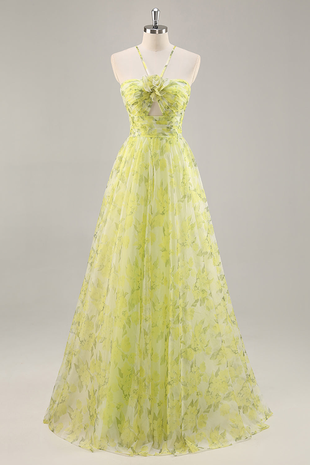 Yellow Green Ruched Floral Tulle Long Prom Dress with Keyhole