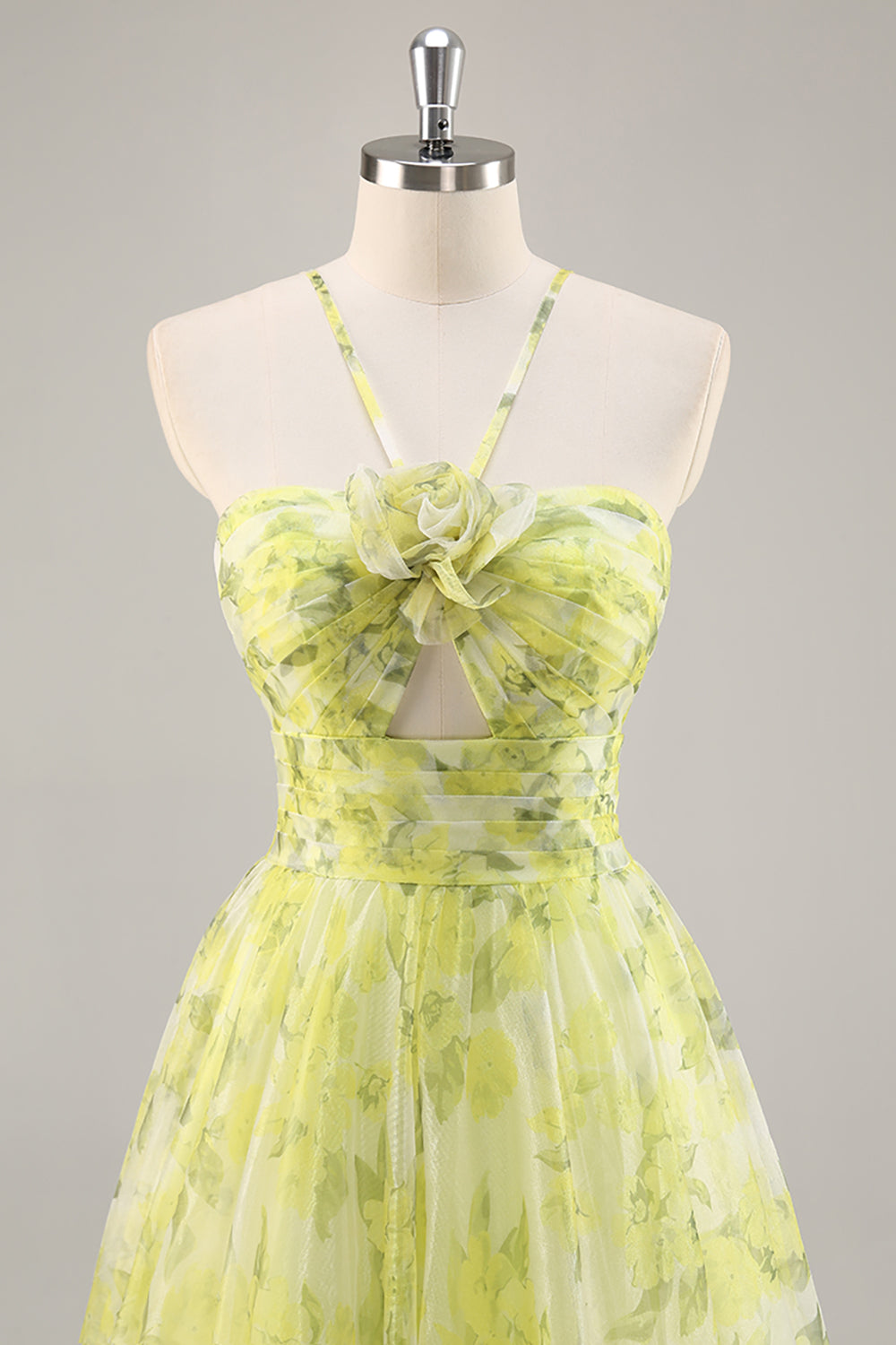 Yellow Green Ruched Floral Tulle Long Prom Dress with Keyhole