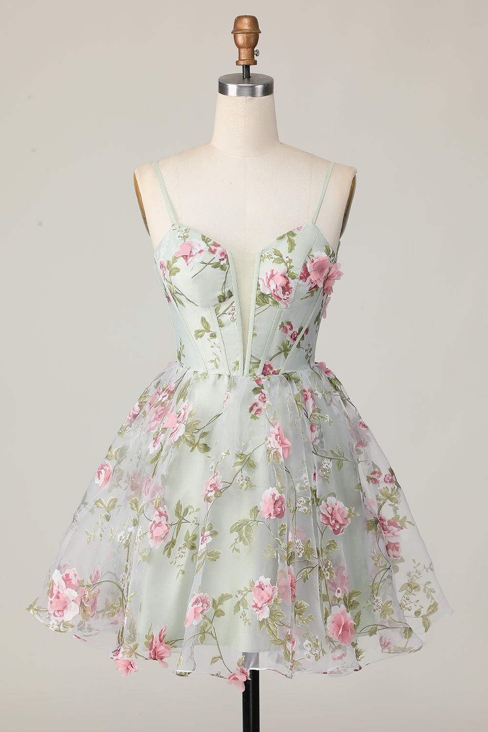 Sage Flower A Line Spaghetti Straps Short Corset Homecoming Dress