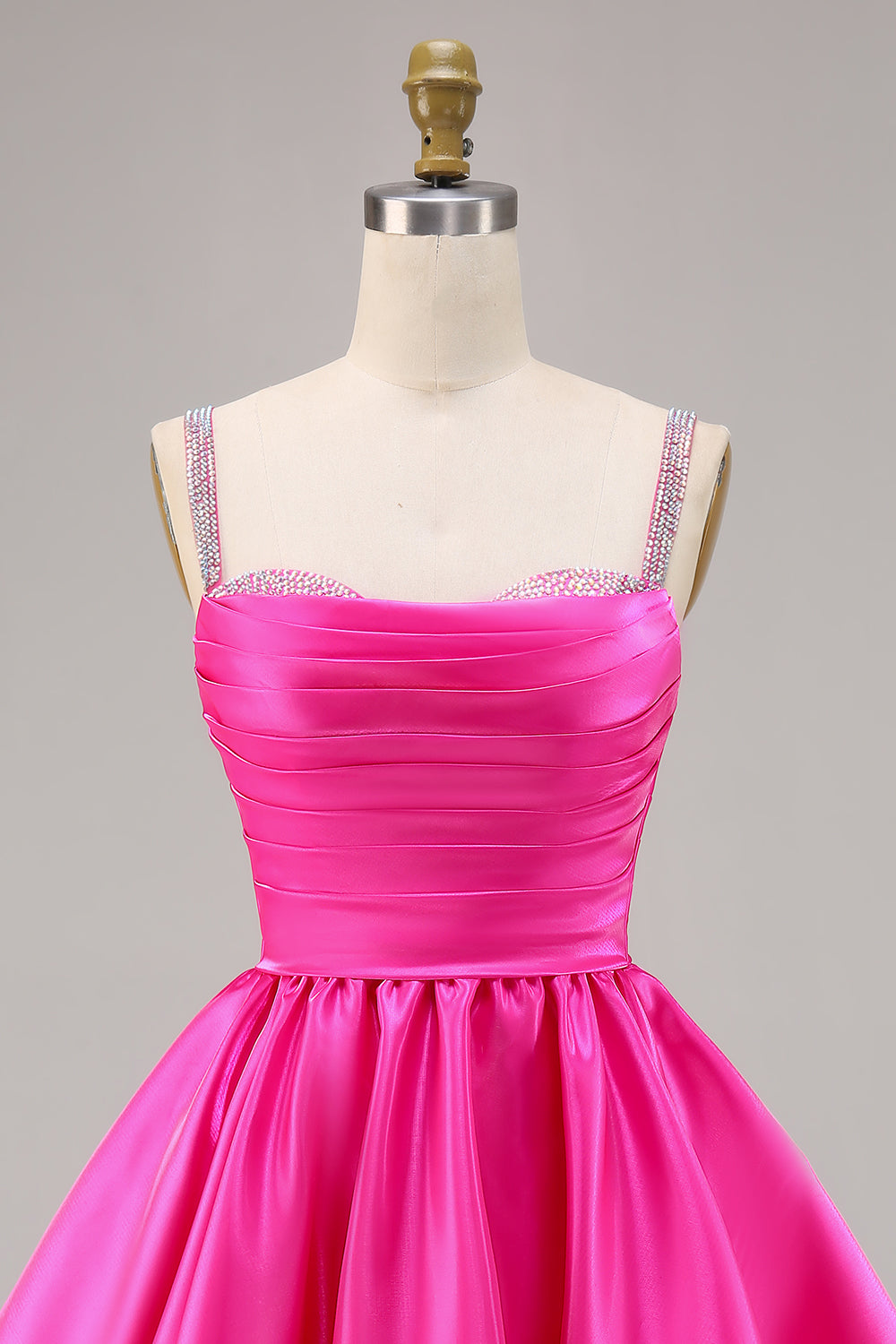 Sparkly Satin Fuchsia Ruched Short Homecoming Dress with Beading