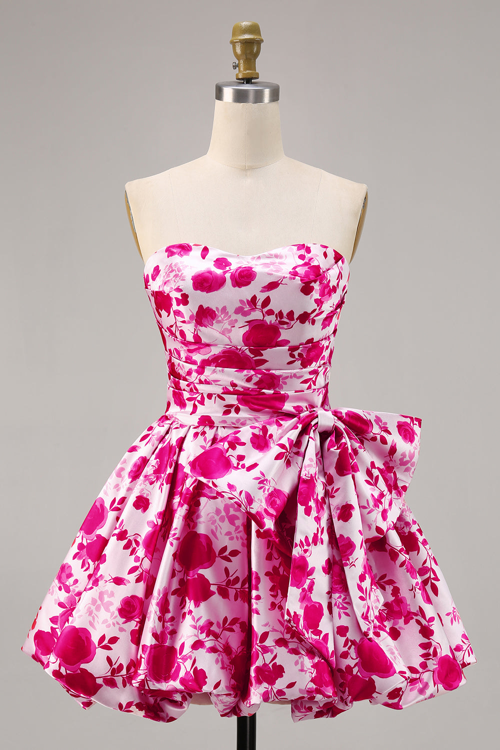 Floral Fuchsia Strapless A Line Short Homecoming Dress with Bow