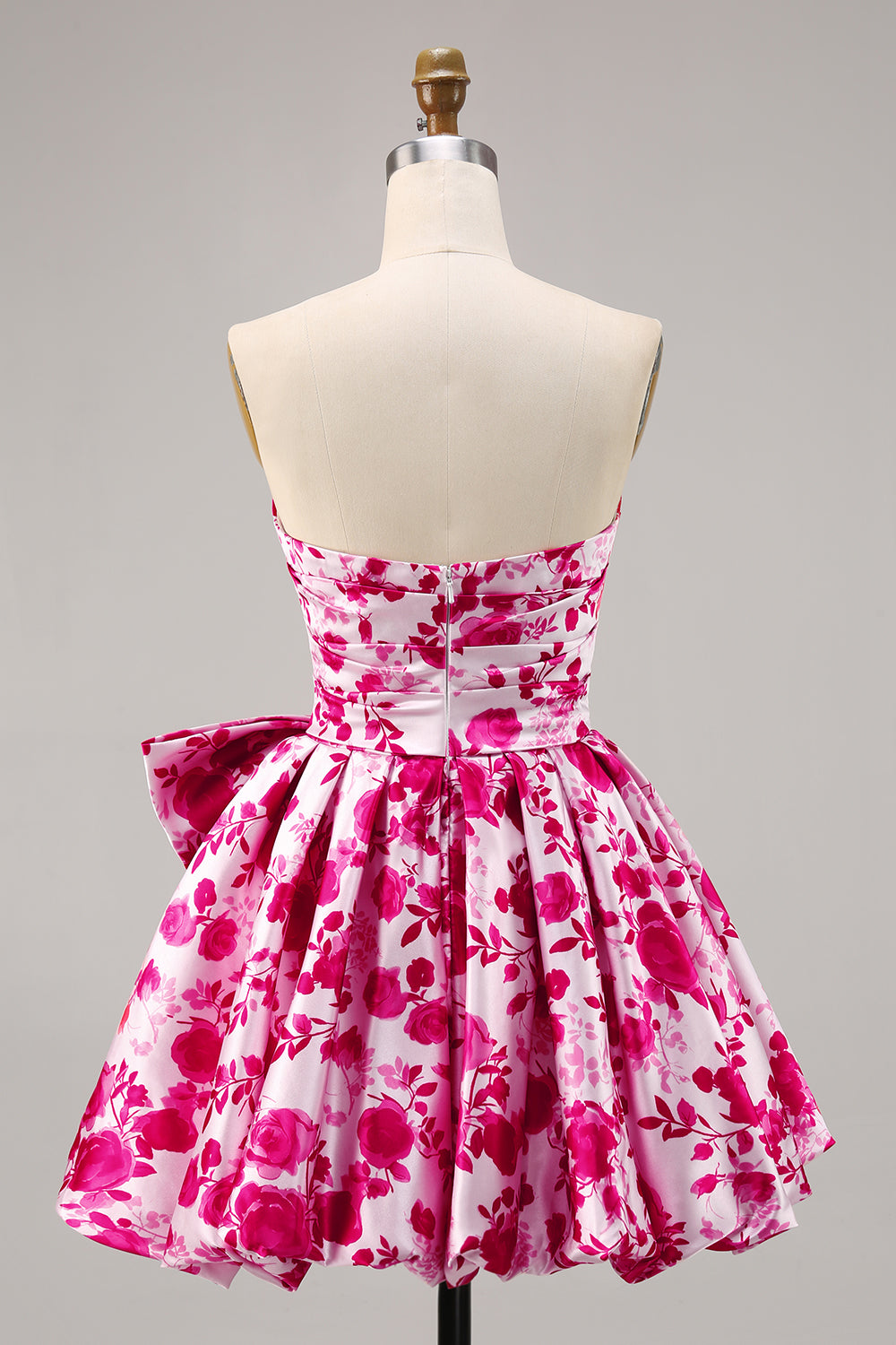 Floral Fuchsia Strapless A Line Short Homecoming Dress with Bow