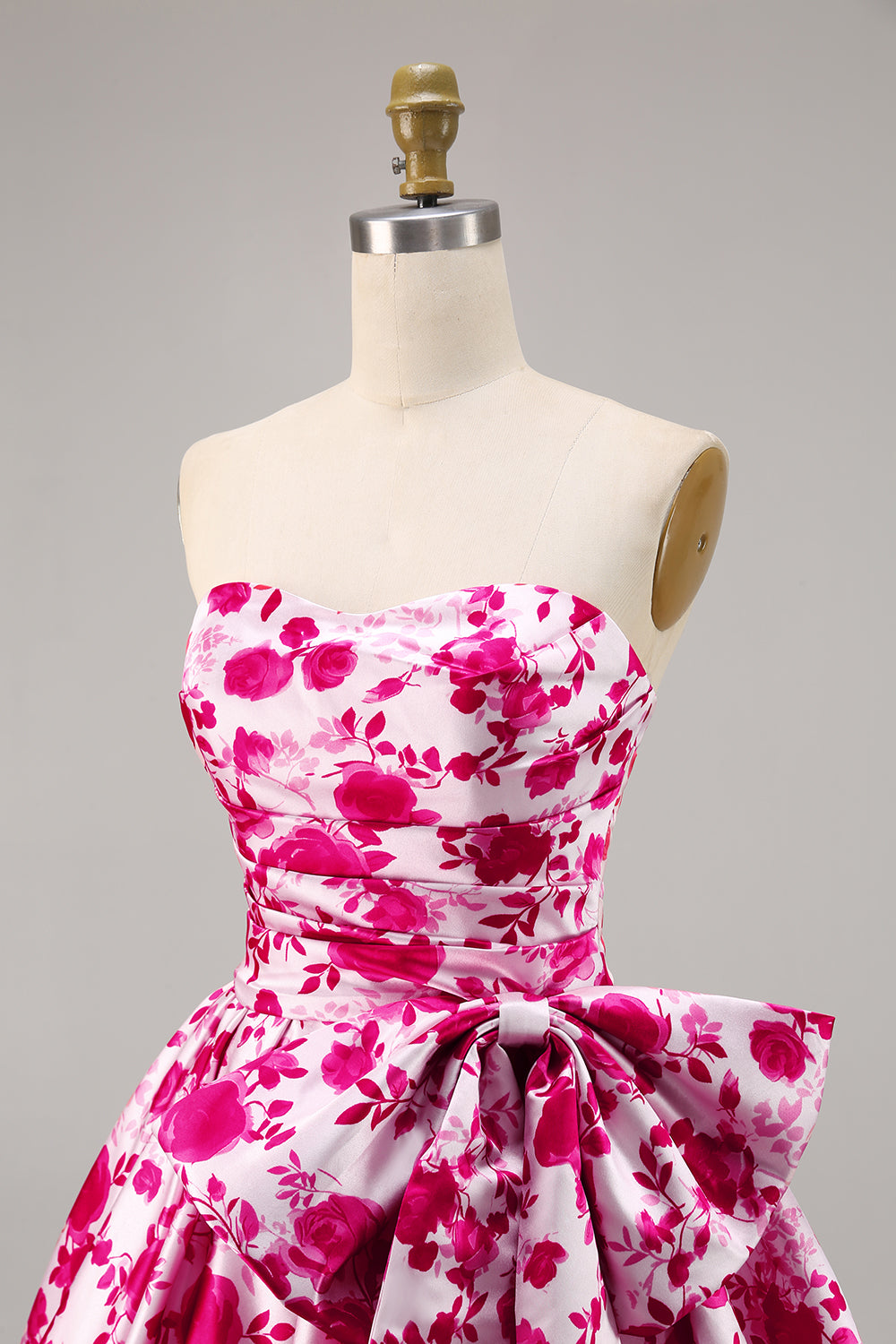 Floral Fuchsia Strapless A Line Short Homecoming Dress with Bow
