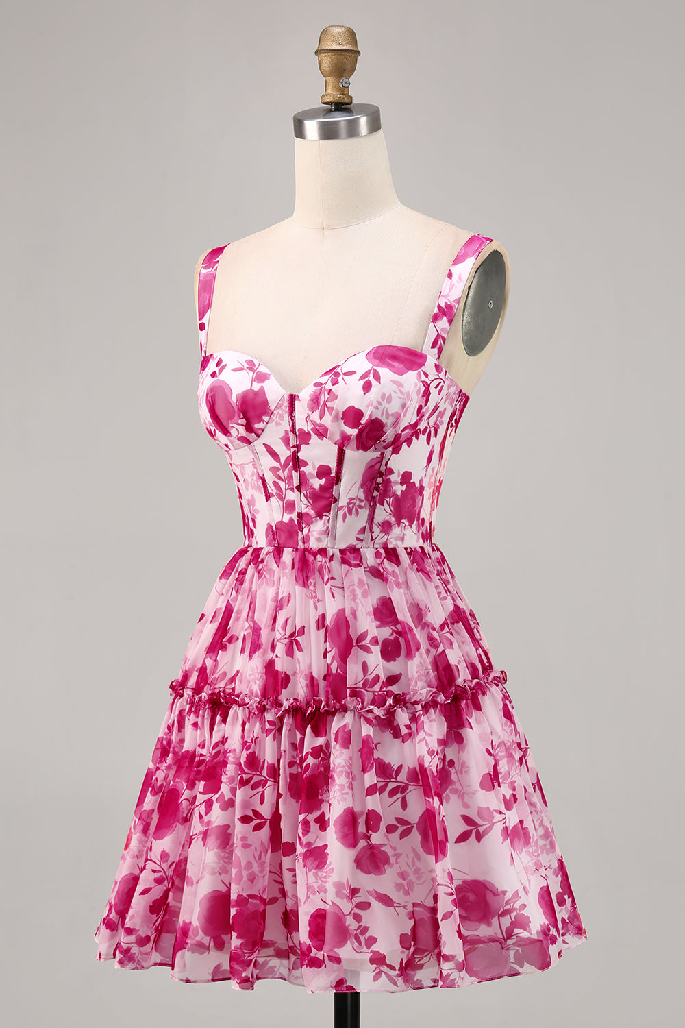 Floral Fuchsia A Line Chiffon Short Corset Homecoming Dress
