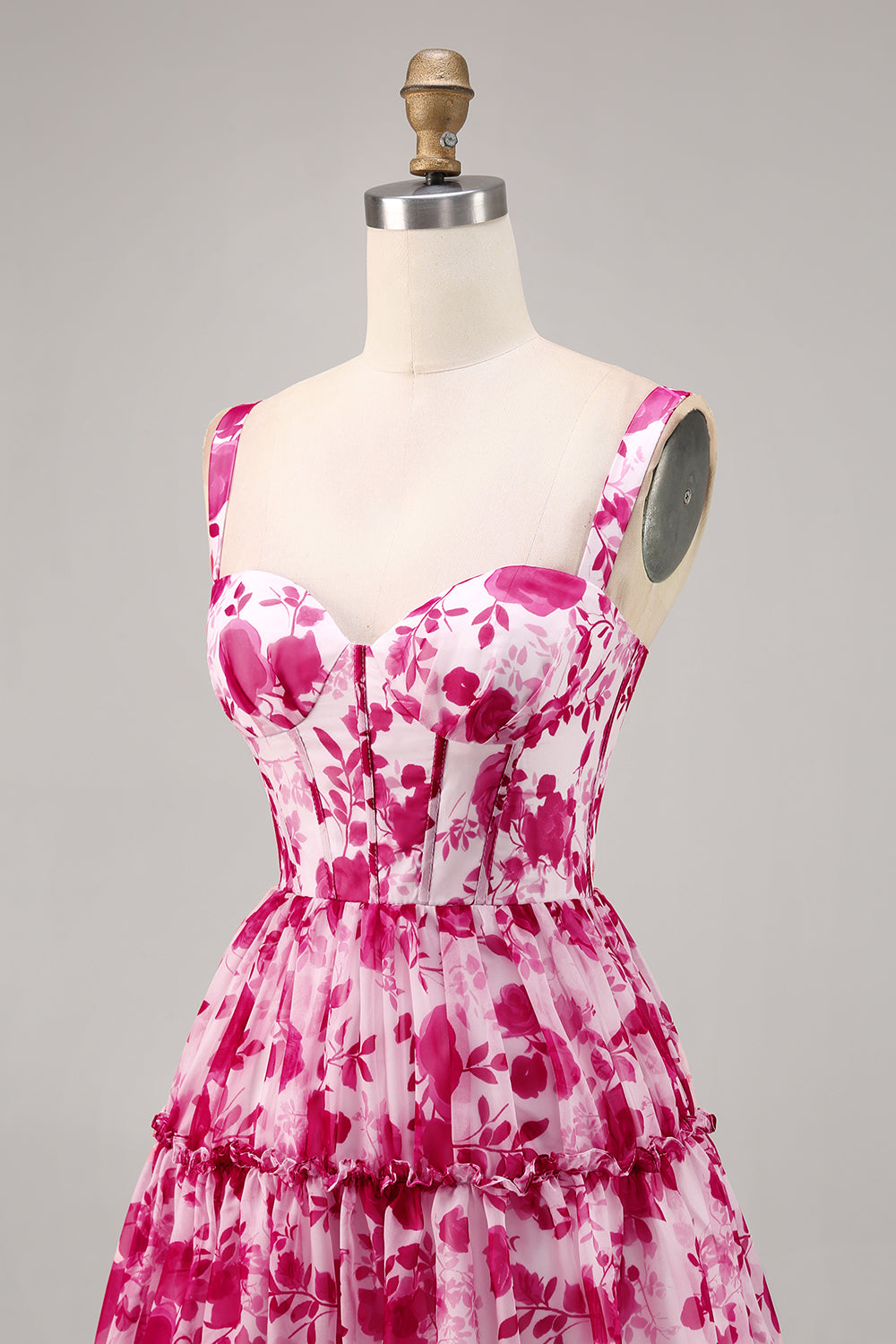 Floral Fuchsia A Line Chiffon Short Corset Homecoming Dress