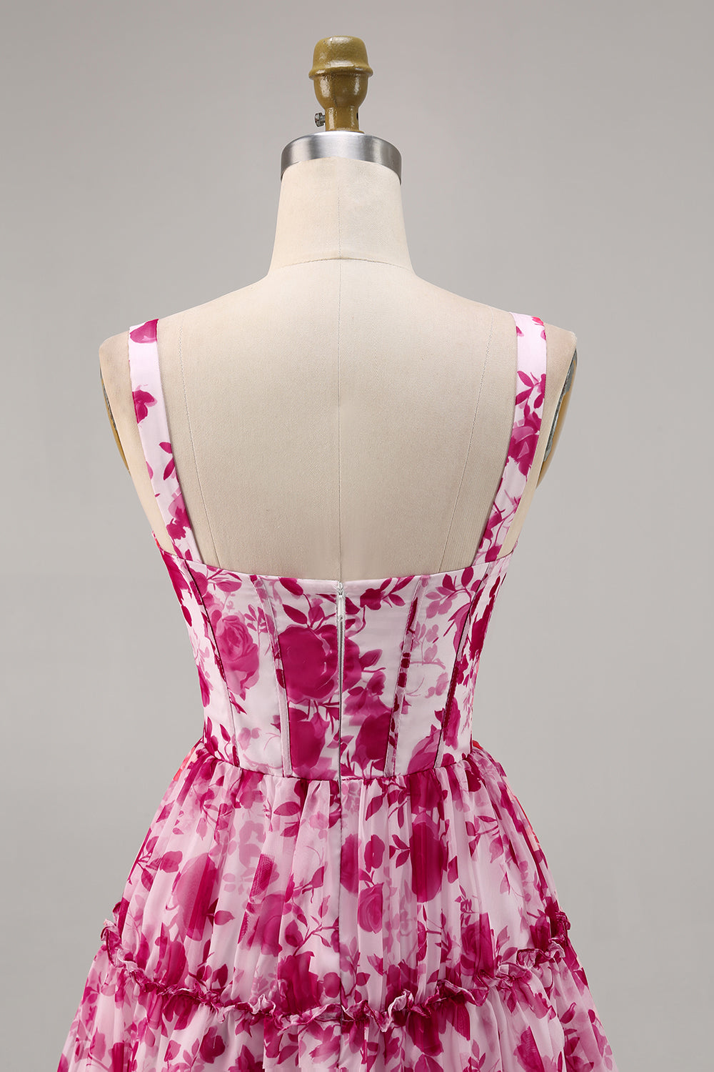 Floral Fuchsia A Line Chiffon Short Corset Homecoming Dress
