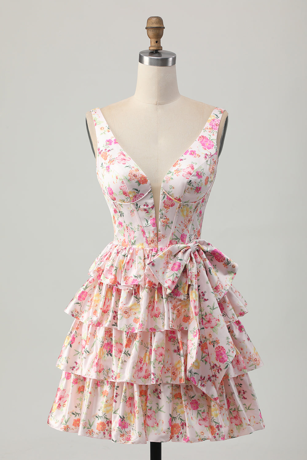 Floral Pink Corset A Line Tiered Short Homecoming Dress with Bow