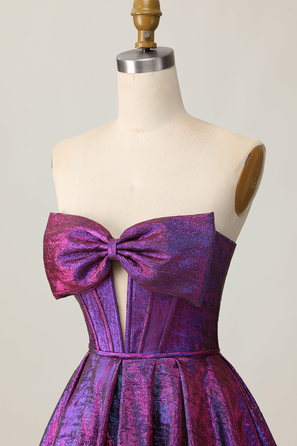 Dark Purple Metallic Strapless Corset Short Homecoming Dress with Bow