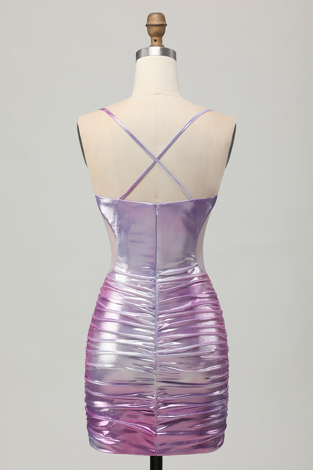 Metallic Silver Purple Spaghetti Straps Short Bodycon Homecoming Dress