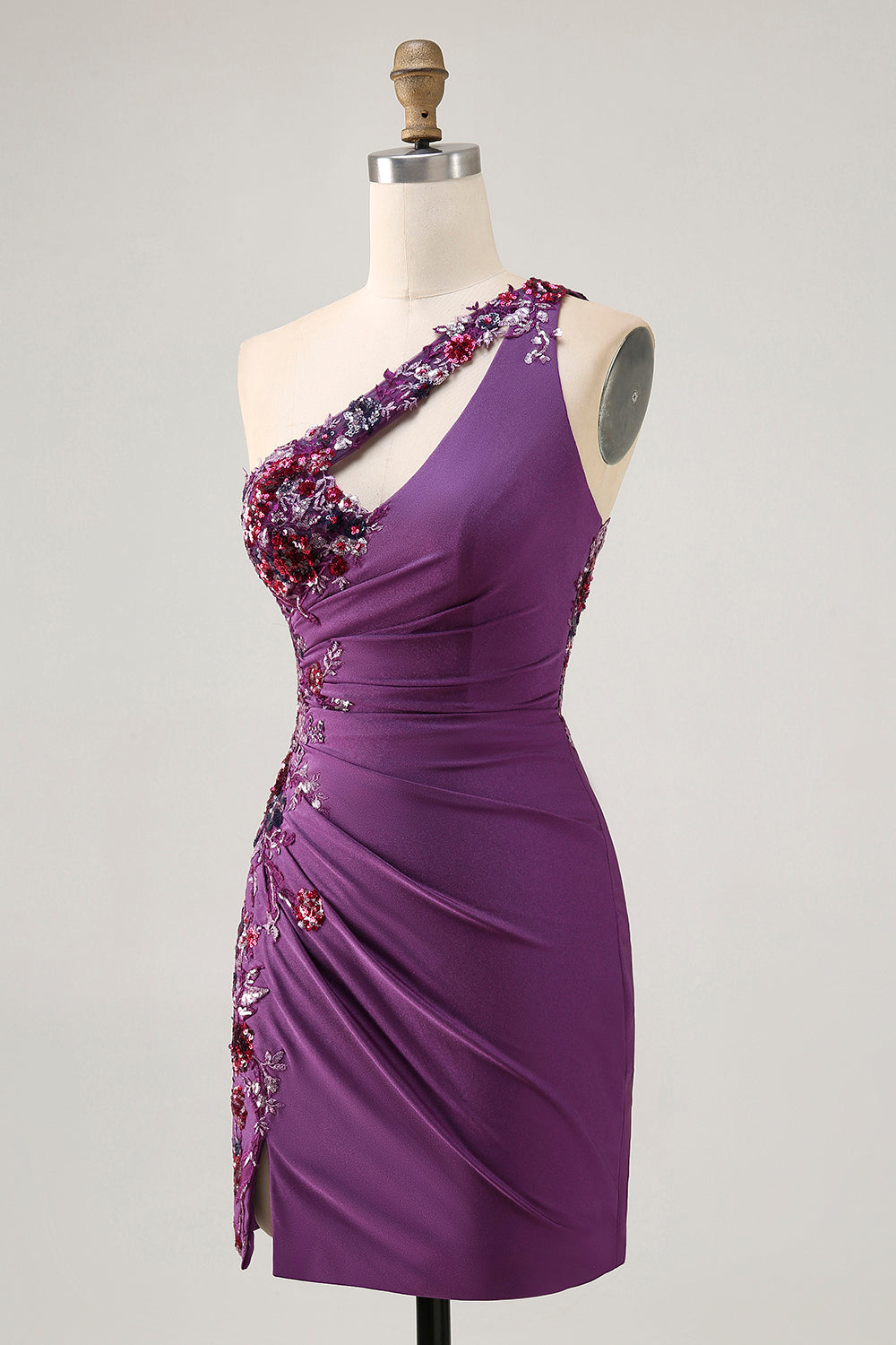 Sparkly Dark Purple Floral One Shoulder Tight Short Homecoming Dress