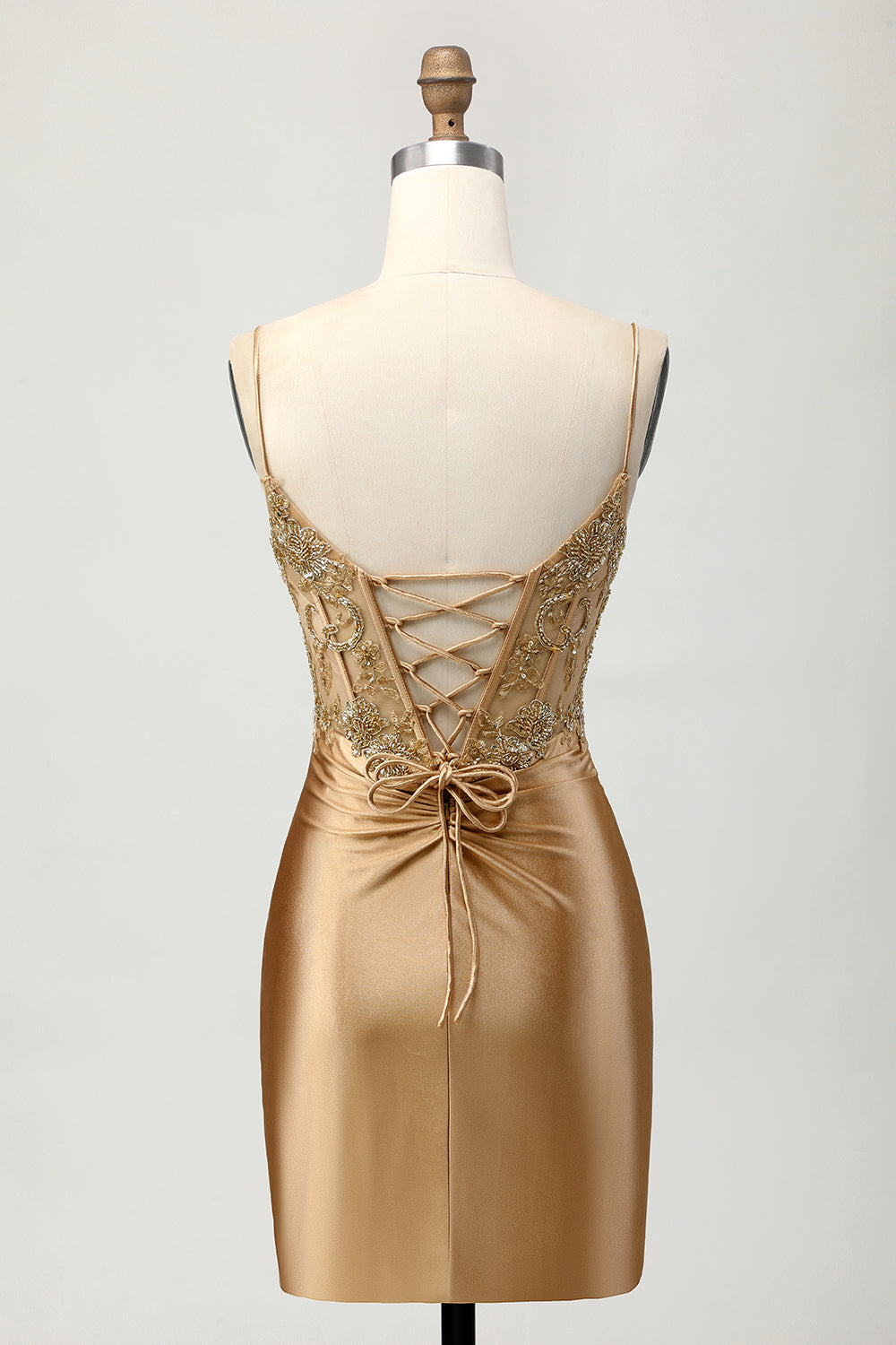 Sparkly Golden Bodycon Short Corset Homecoming Dress with Appliques