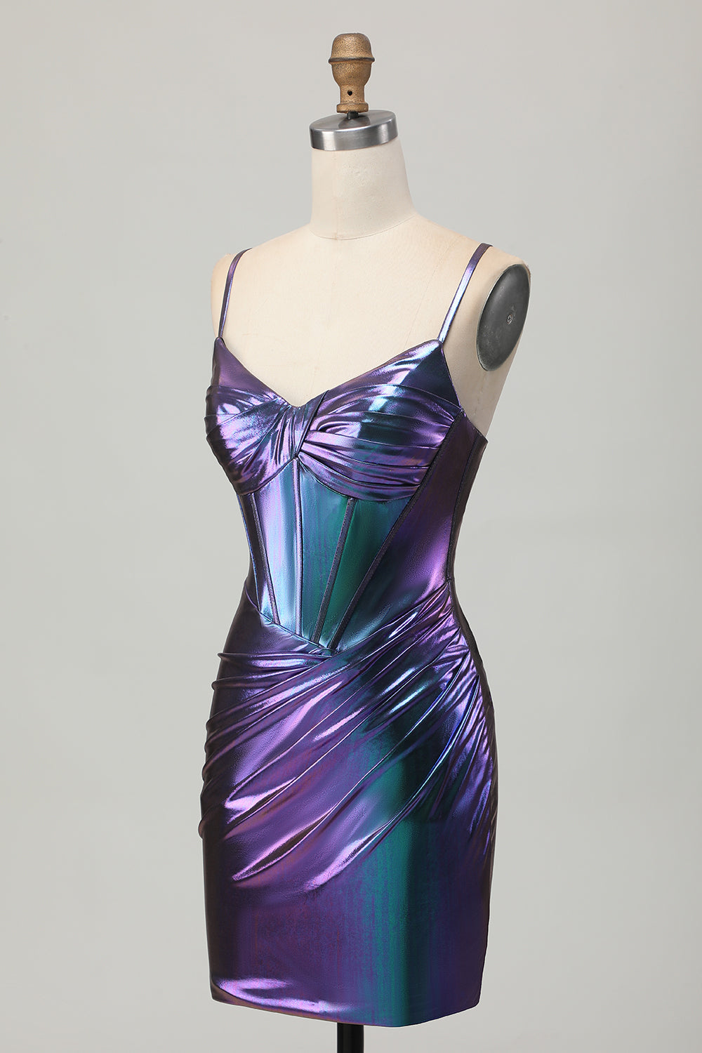 Metallic Blue Purple Tight Spaghetti Straps Short Corset Homecoming Dress