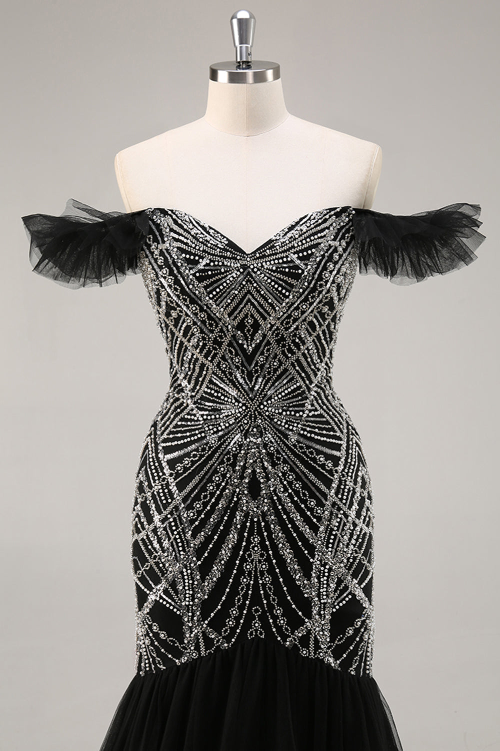 Sparkly Black Off the Shoulder Long Mermaid Prom Dress with Beading