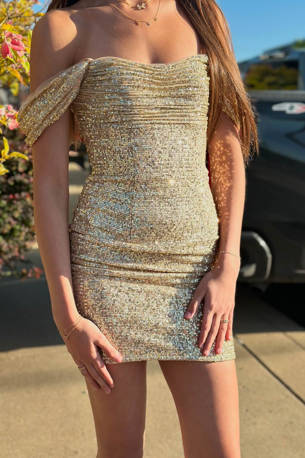 Sparkly Gold Sequins Off The Shoulder Short Tight Homecoming Dress