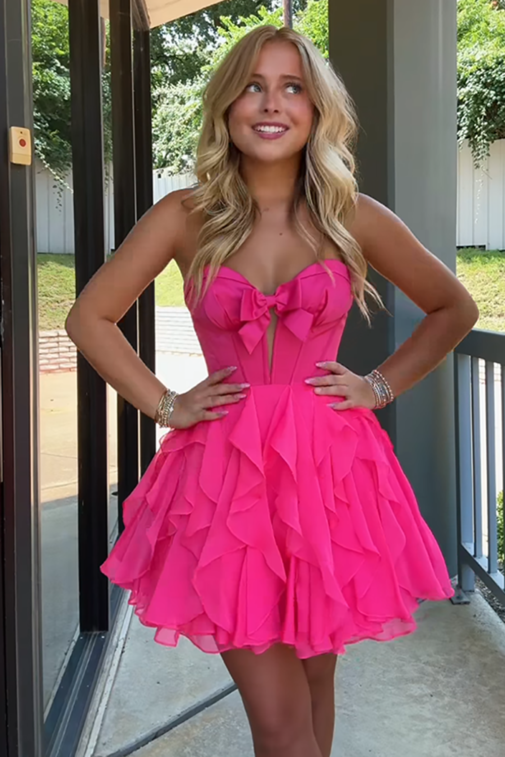 White A Line Ruffled Short Corset Homecoming Dress with Bow