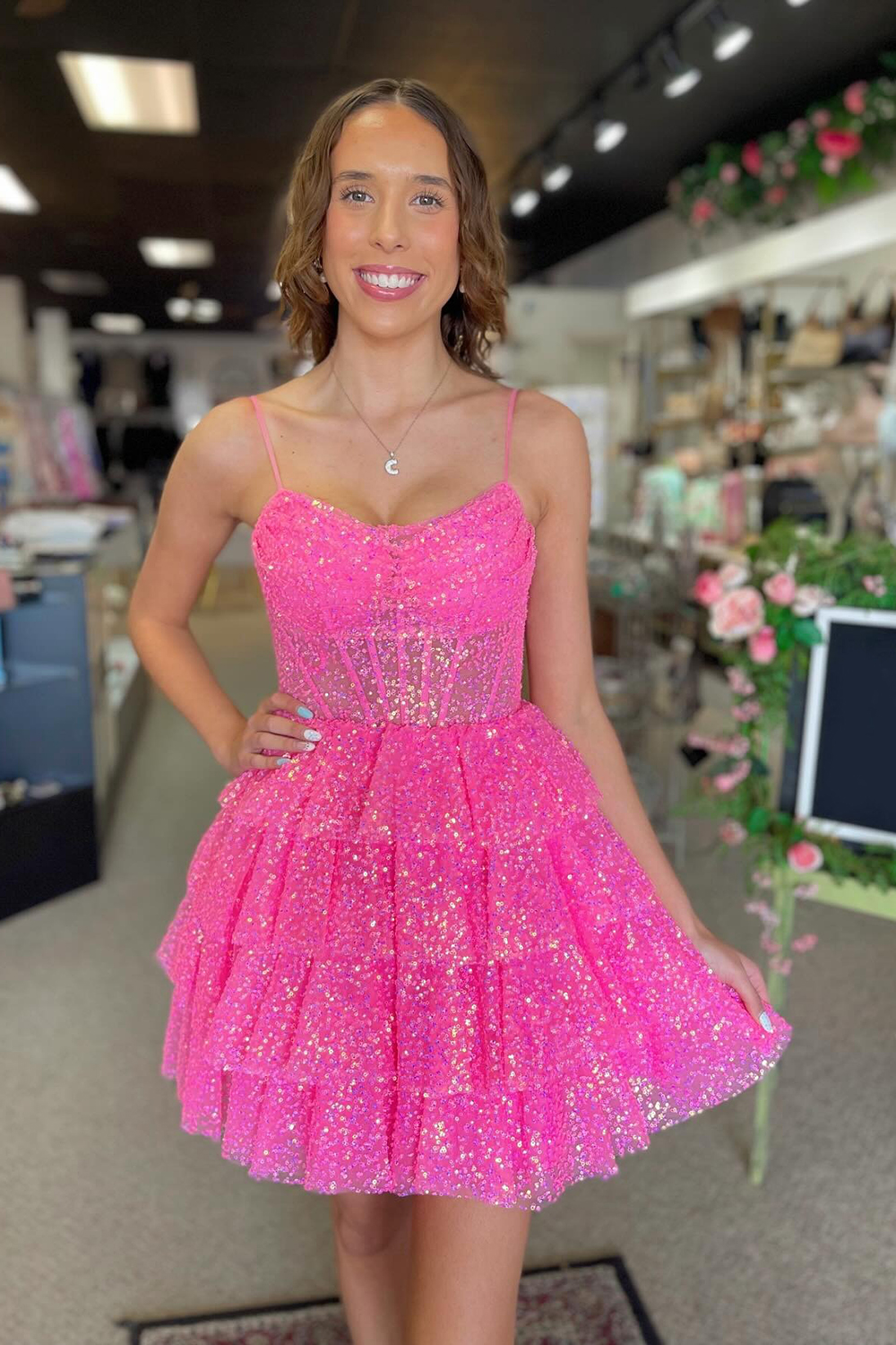 Sparkly Fuchsia Corset Sequins A-Line Tiered Short Homecoming Dress