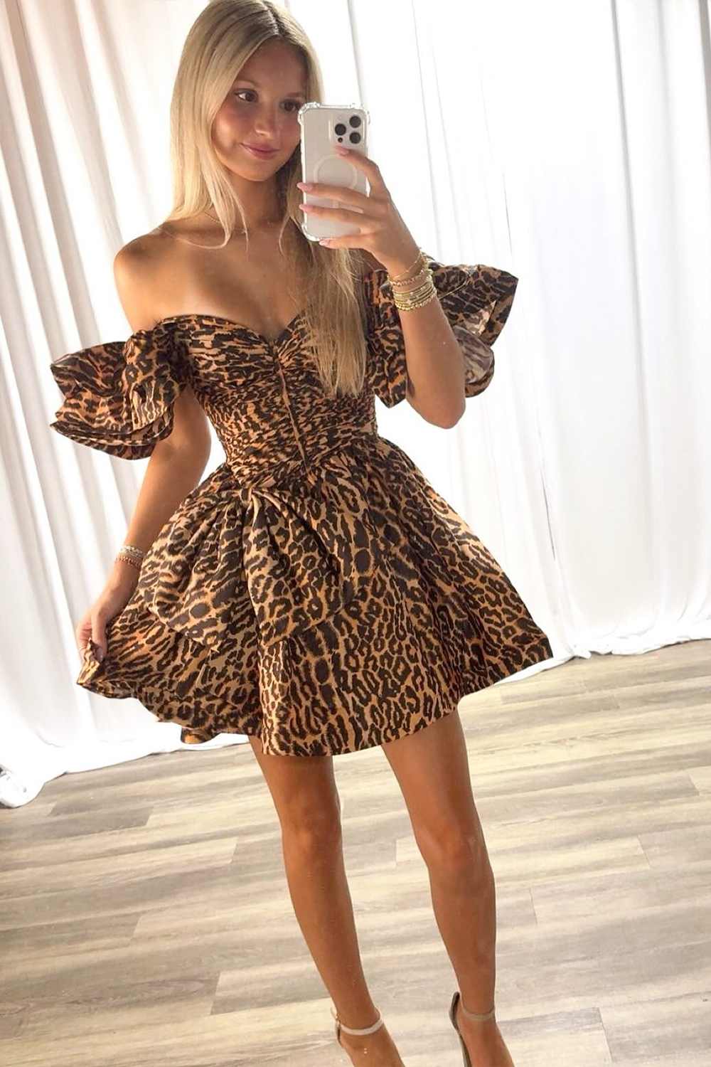 Brown Leopard Ruffled Off The Shoulder Short Homecoming Dress