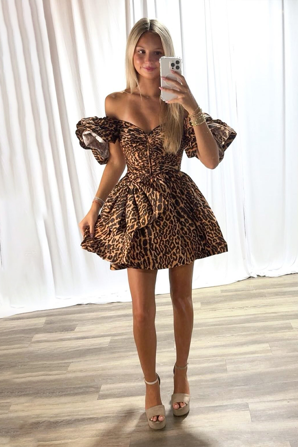Brown Leopard Ruffled Off The Shoulder Short Homecoming Dress