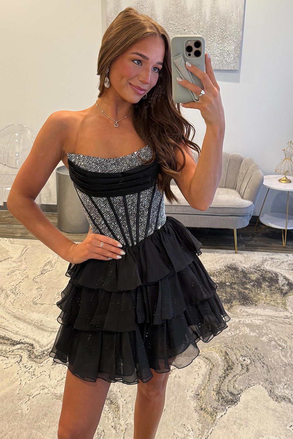 Sparkly Navy Ruffled Corset A Line Short Homecoming Dress with Beading