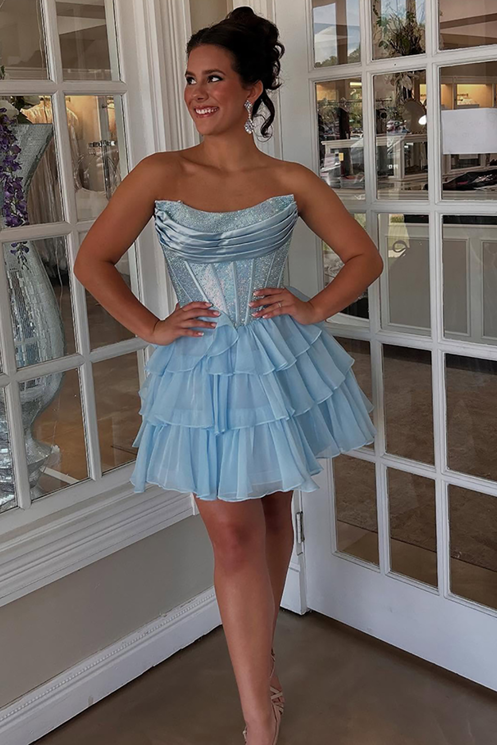 Sparkly Light Blue Short Corset Homecoming Dress with Ruffles Beaded A Line Strapless Tiered Hoco Dress