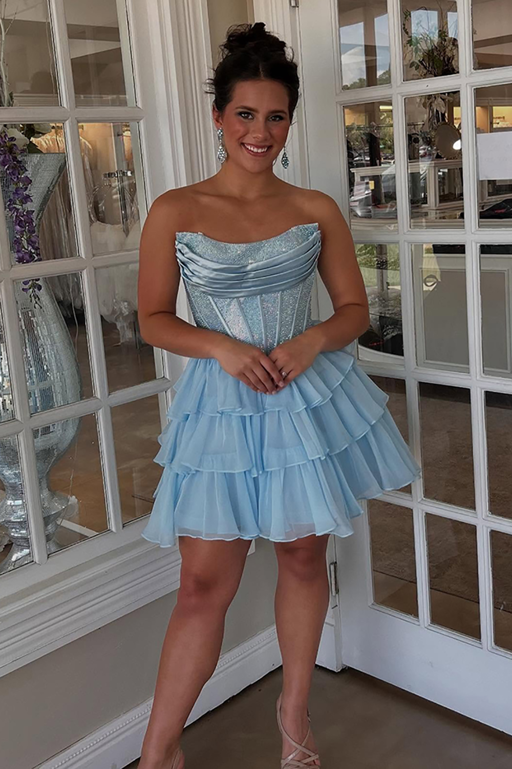 Sparkly Light Blue Short Corset Homecoming Dress with Ruffles Beaded A Line Strapless Tiered Hoco Dress