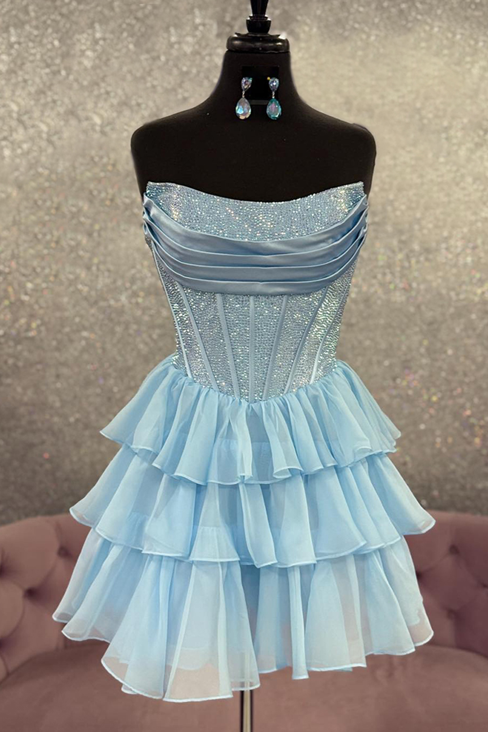 Sparkly Yellow A Line Strapless Beaded Short Corset Homecoming Dress with Ruffles