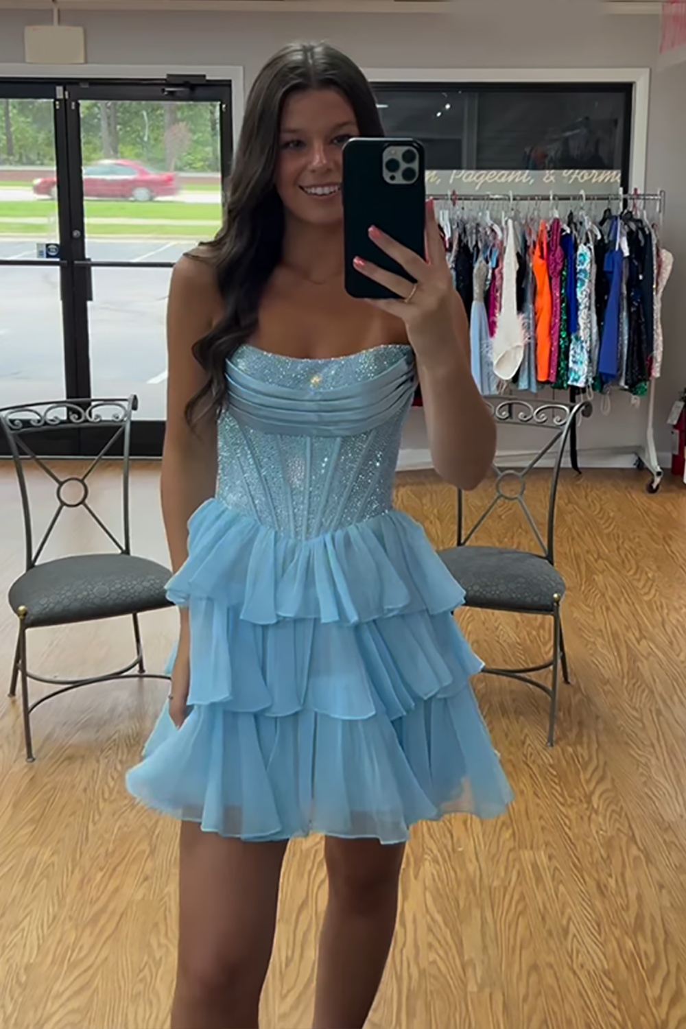 Sparkly Light Blue Short Corset Homecoming Dress with Ruffles Beaded A Line Strapless Tiered Hoco Dress